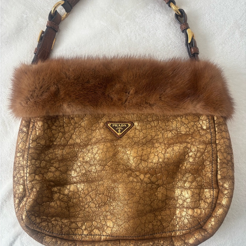 Prada Brown/Gold Mink Crocodile Trimmed Women's Bag